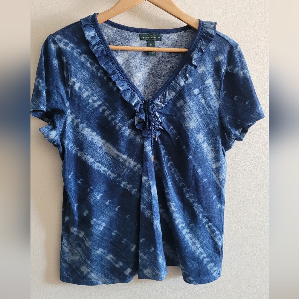 Ralph Lauren flutter vneck tie dye top Women's XL blue, white